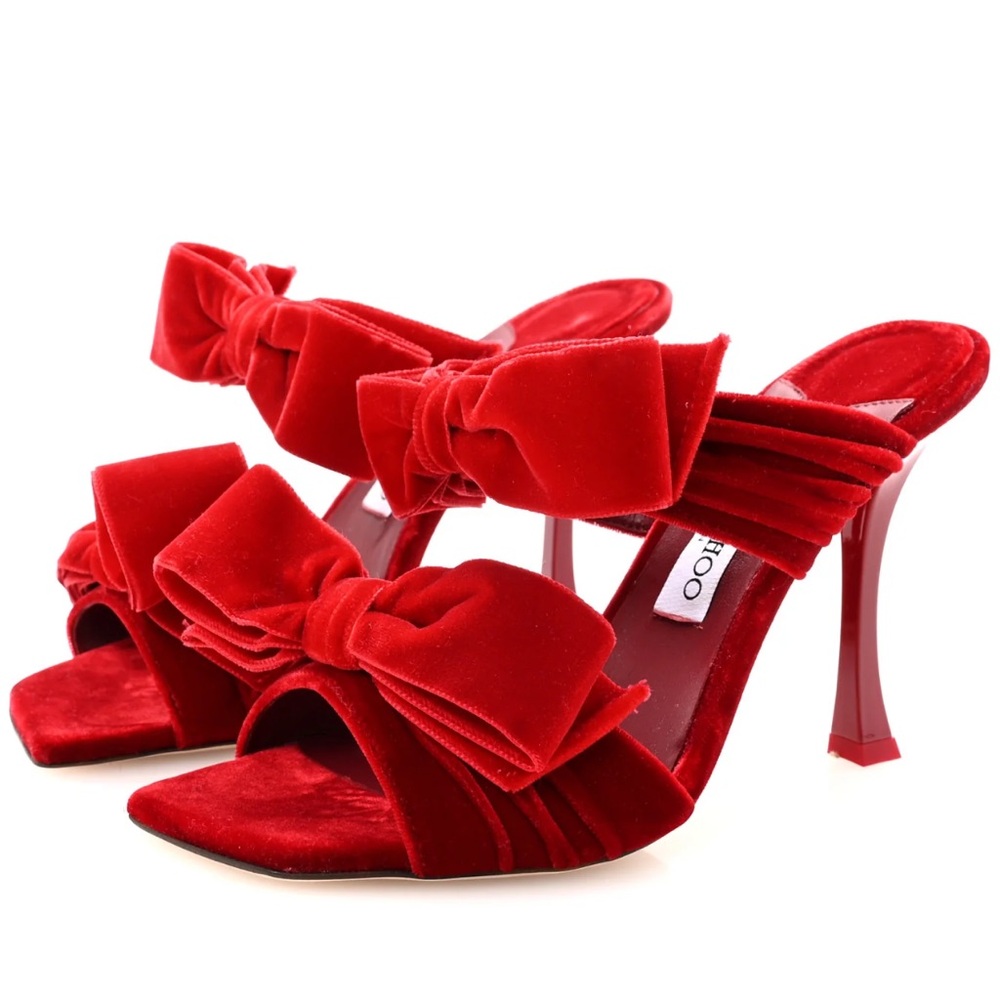 Jimmy Choo 100 mm Flaca Scarlet Velvet Bow Heels